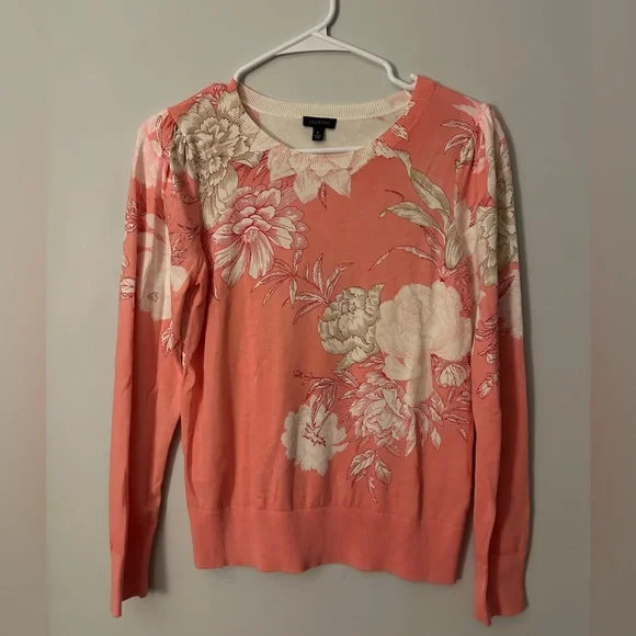 Talbots Puff Sleeve Peonies Coral Floral Crew Neck Sweater Small Cotton/Rayon - Picture 2 of 5